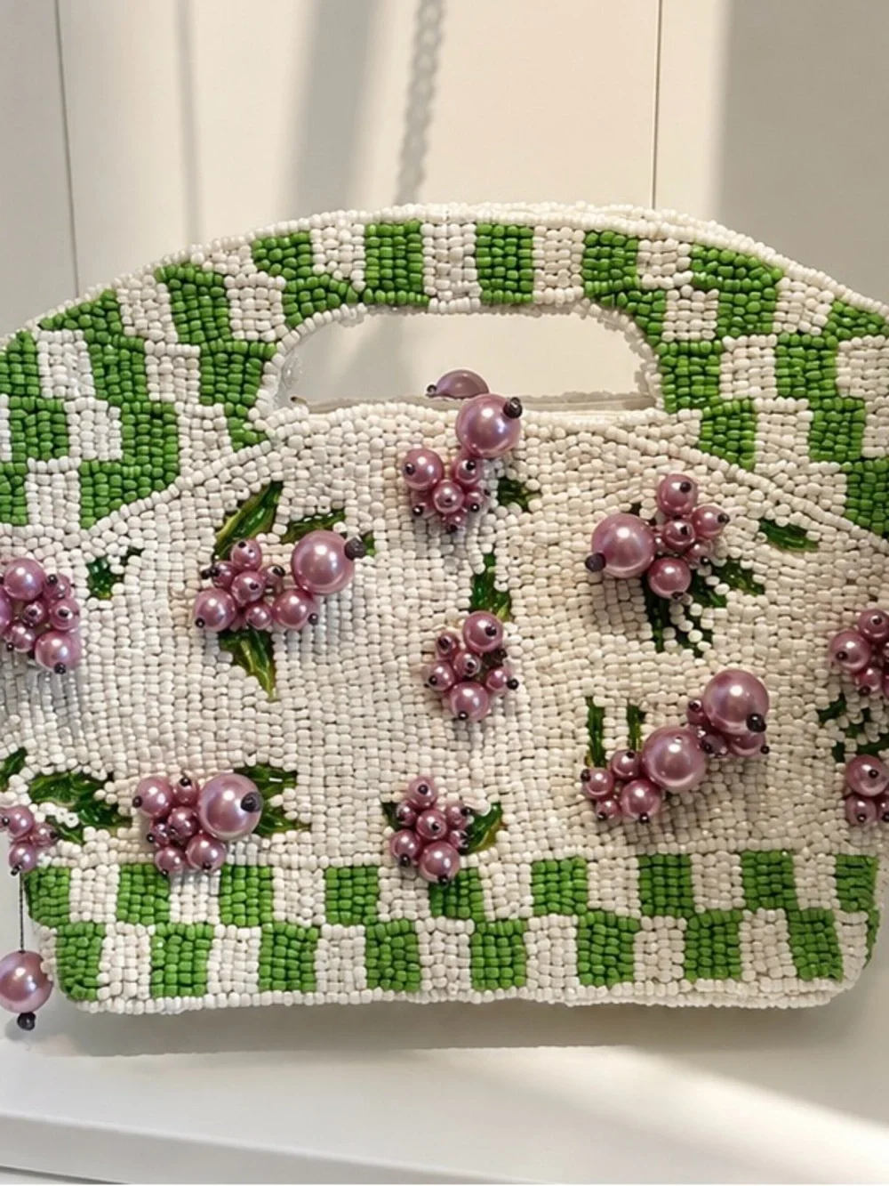 Handcrafted in India Beaded Gingham & Berry Crossbody Bag 💚🩷